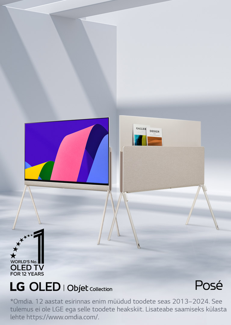 Kaks LG OLED Posé telerit elegantses ja minimalistlikus ruumis. Üks teler esitleb toote esikülge, ekraanil on kuvatud kunstiteos. Teise teleri puhul on näha tagakülg, millel on hea disainiga hoiulahendus. Tagaküljel on näha paar ajakirja. Nurgas on embleem, millel on kirjas „12 aastat maailma parim OLED TV teler“. Samuti on näha LG OLED Objet Collectioni ja Posé tootelogod.
