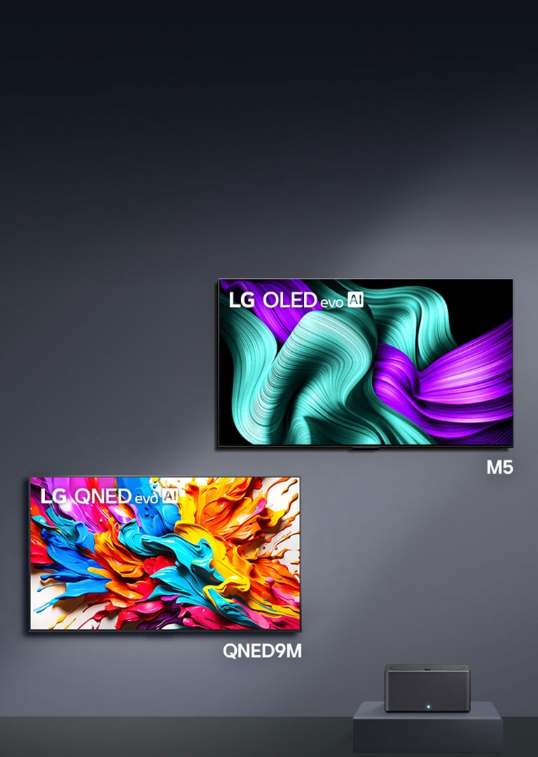 LG True Wireless TV telerid. LG Signature OLED T on oma moodulriiulil. LG OLED M5 ja LG QNED9M on kinnitatud seinale. Igal nende ekraanil on kunstiteos, mis demonstreerib selle muljetavaldavat visuaalset jõudlust. Pjedestaalil on Zero Connect Box.