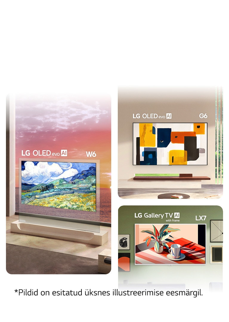 Seadmeid LG OLED evo AI W6 Wallpaper TV, G6 ja LG Gallery TV AI raamiga LX7 ART TV esitletakse LG ART TV kollektsioonina, iga seade esitleb Wallpaper Designi, Flush-fit Gallery Designi ning Gallery Designi koos kinnitatava raamiga, muutes teleriekraanid galeriiväärilisteks kunstiväljapanekuteks.