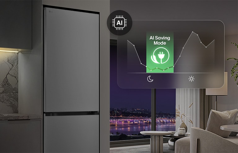 LG alumine sügavkülmaosa (GBBS322CPY) elutoas öise linnavaate taustal, millele on lisatud AI säästurežiimi graafika ja energiatarbimise diagramm.	