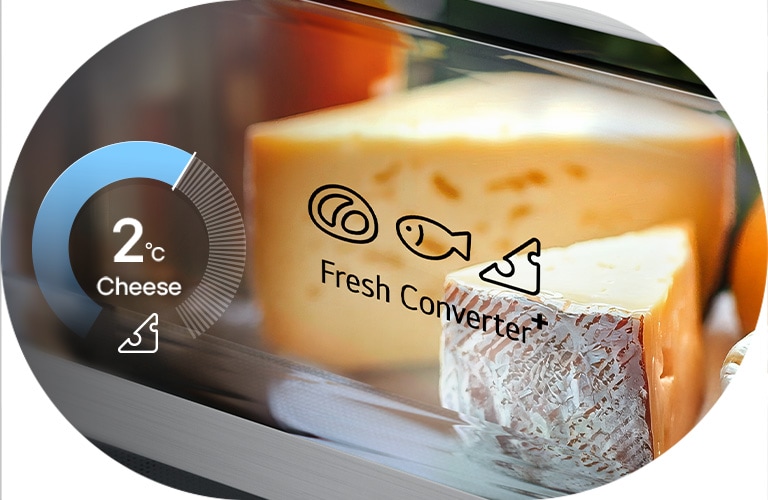 LG alumise sügavkülmaosa (GBBS322CPY) graafika, millel on vasakul ringdiagramm näiduga 2 °C ja paremal Fresh Converteri sahtlis hoiustatav värske juust