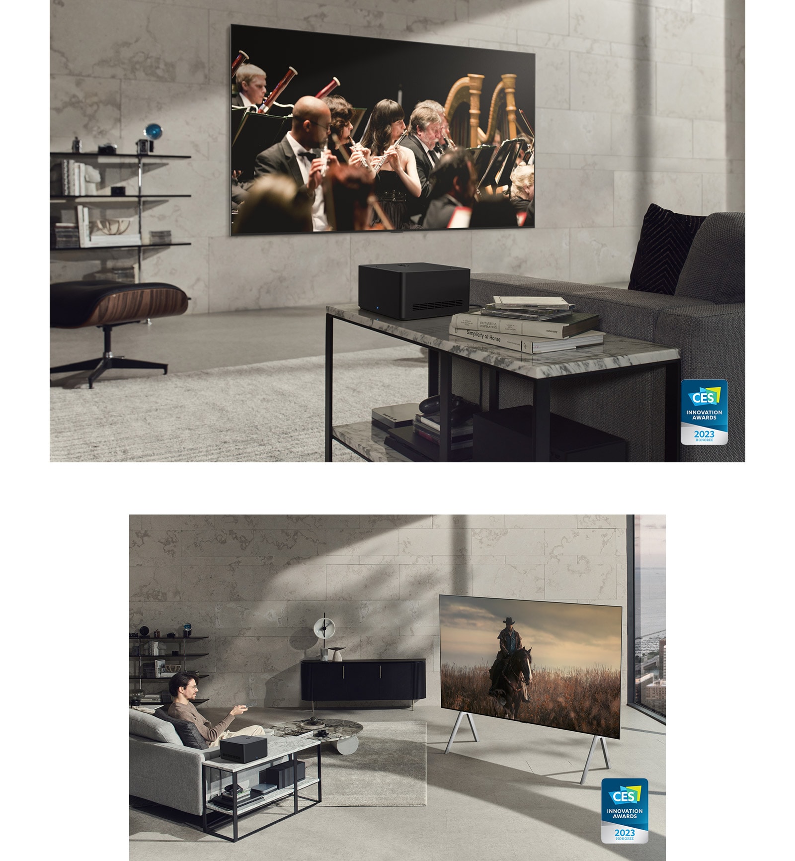 Telerit LG OLED M kujutav pildiseeria. Lähivõte AV-boksist, mis on paigutatud kenasti diivani kõrval olevale lauale. Teler LG OLED M on paigaldatud maitsekalt kujundatud seinapinnale, teleri ümbrus on kenasti juhtmevaba. Lähivõte põrandajalale paigaldatud telerist LG OLED M, mille ekraanil on kuvatud värviline pilt. Kõikidel piltidel on tarbeelektroonikamessi CES 2023 innovatsiooniauhinna logo.