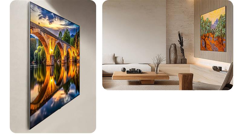 LG OLED evo AI G6 on näidatud tasapinnaliselt seinale paigaldatuna külgvaatenurgast, ekraanil on hele sillavaade. Paremal on see paigaldatud seinale ilma vaheta minimalistlikus elutoas, ekraanil kuvatakse värvikirevat maalingustiilis maastikku, mis sulandub puidutoonilise interjööriga.