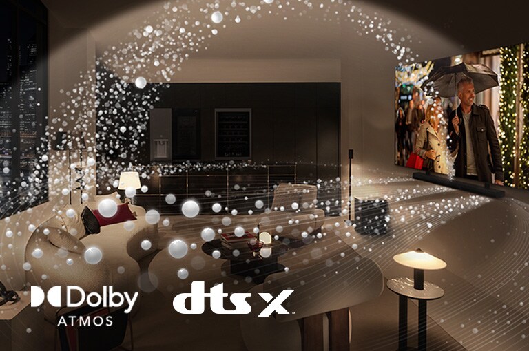 Moodsas linnakorteris LG OLED-teleris ja LG Soundbaris mängitakse filmi külgvaates. Helilaineid kujutavad valged helmed mis projitseerivad Soundbarist ja telerist üles ja alla, luues ruumis helikupli.