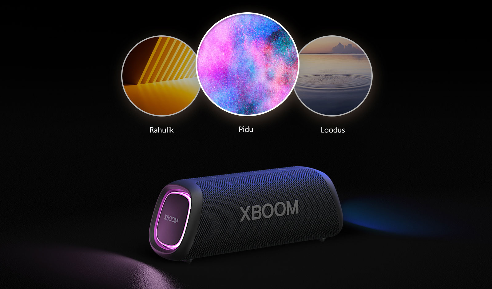 Lilla valgusega LG XBOOM Go XG5 on pandud põrandale. Kõlari peal on näha kolm Light studio režiimi: kohanduv, loodus ja pidu.