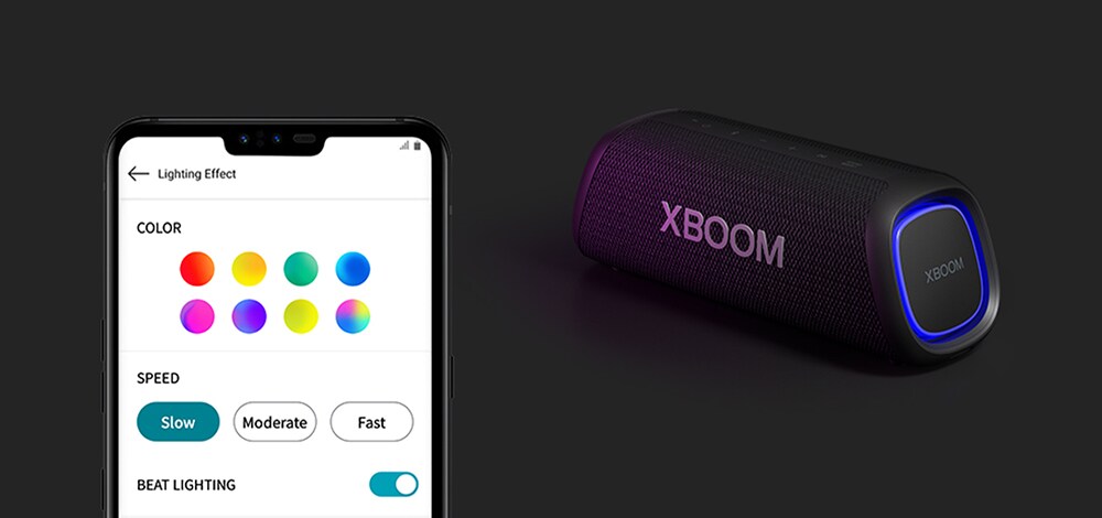Vasakul on näha My style kasutajaliidest. Paremal küljel on põrandal sinise valgusega LG XBOOM Go XG5.