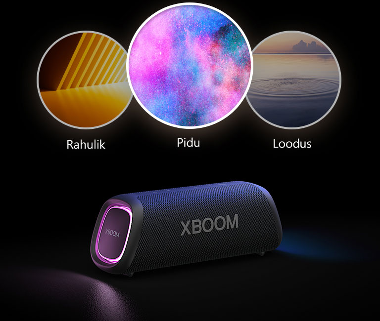 Lilla valgusega LG XBOOM Go XG5 on pandud põrandale. Kõlari peal on näha kolm Light studio režiimi: kohanduv, loodus ja pidu.