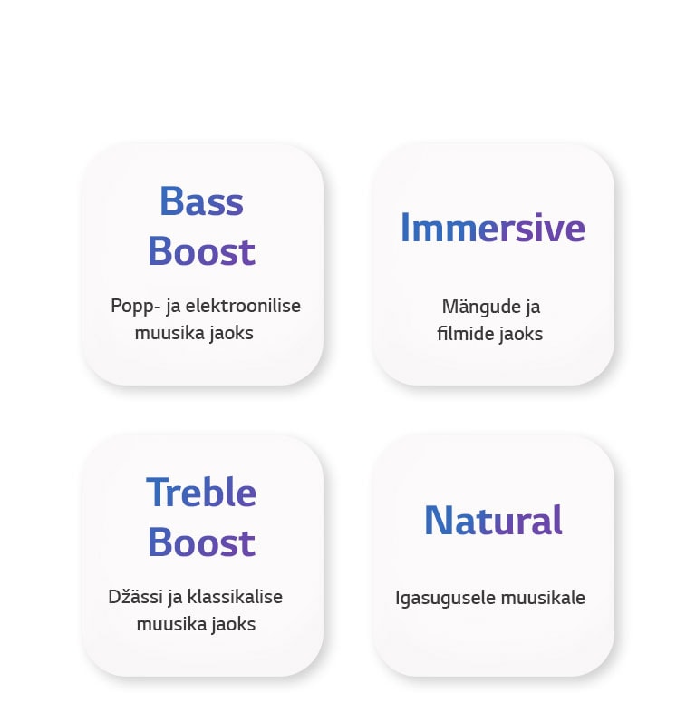 Nelja ekvalaiseri režiimi nimed – Bath boost, Immersive, Treble boost ja Natural – on märgitud kandilisele valget värvi nupule.