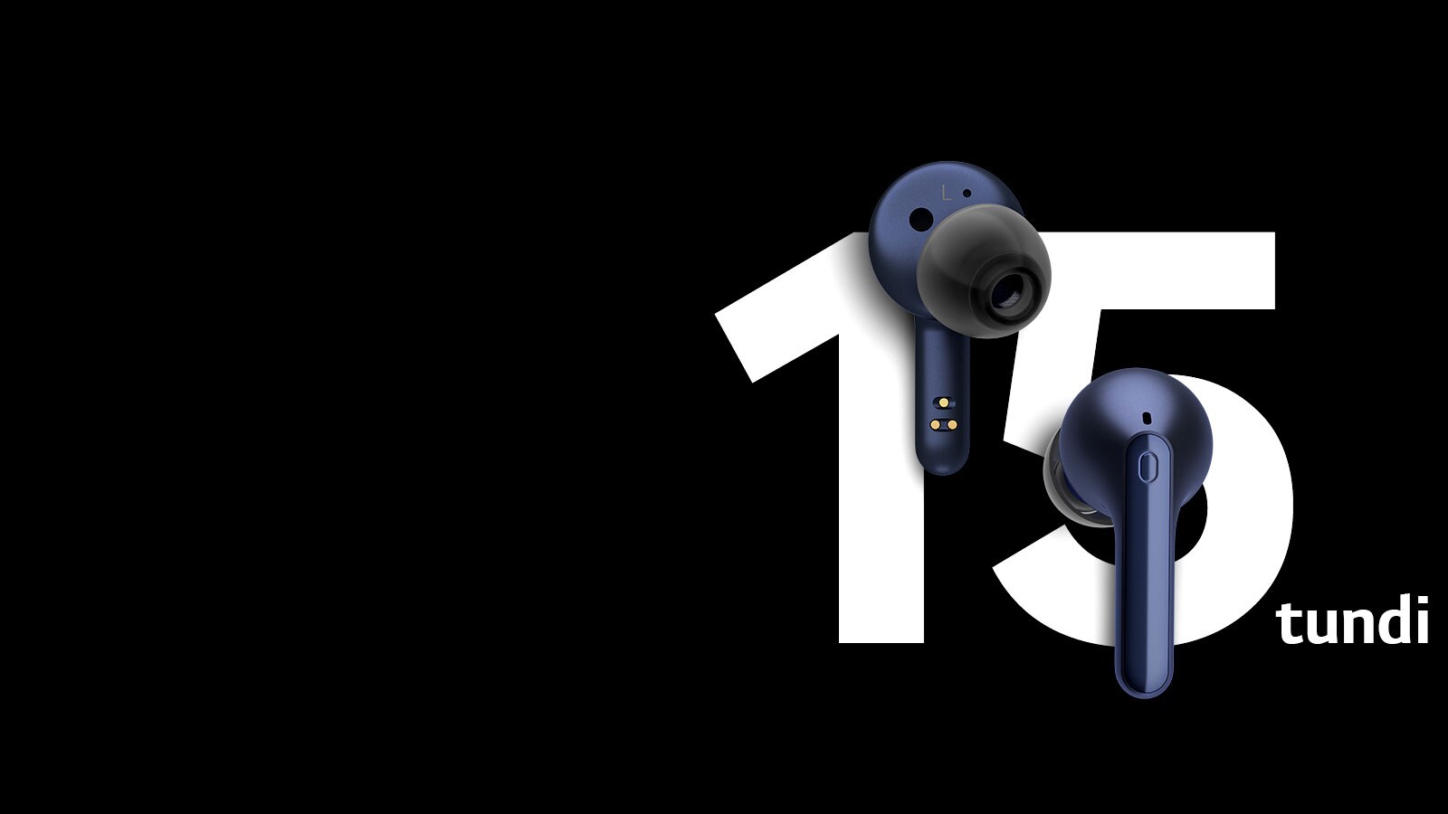 Nööpkõrvaklapid hõljuvad teksti „15 tundi“ ees.