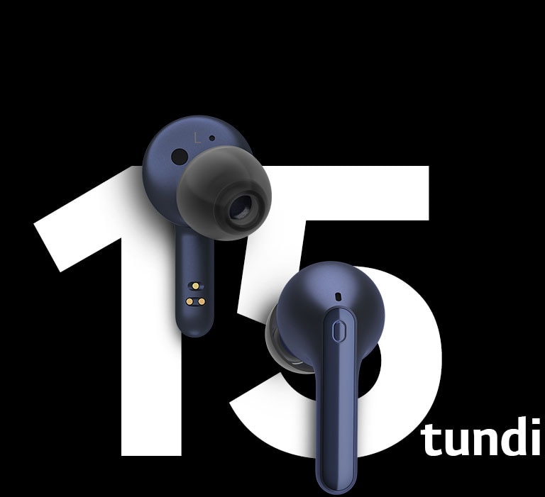 Nööpkõrvaklapid hõljuvad teksti „15 tundi“ ees.