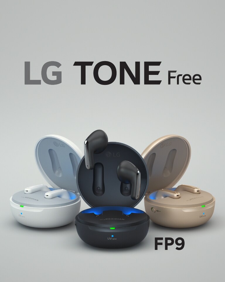 Video algab lähikaadriga toote nupust. Avanevad õhus hõljuvad must, kuldne ja valge LG TONE Free karp ning kuvatakse kiri „LG TONE Free FP Series“.