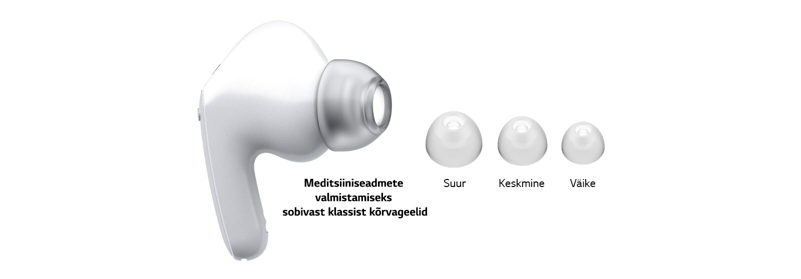 Pilt valgetest kõrvaklappidest ja kolmes erinevas suuruses geelist otsakutest: suured, keskmised ja väikesed otsakud.
