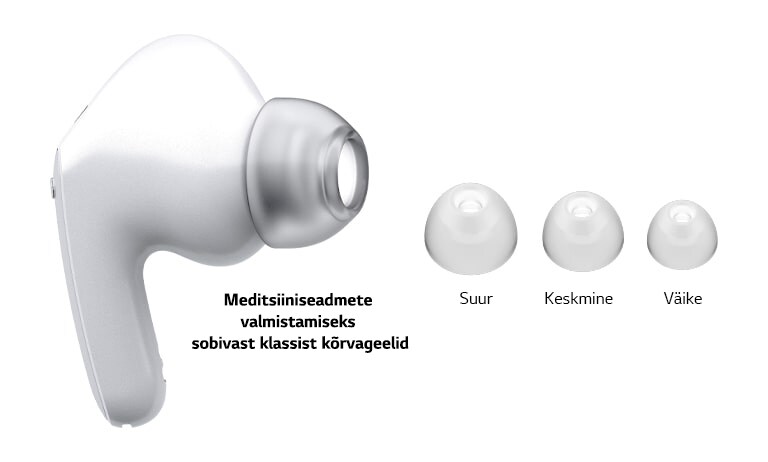 Pilt valgetest kõrvaklappidest ja kolmes erinevas suuruses geelist otsakutest: suured, keskmised ja väikesed otsakud.