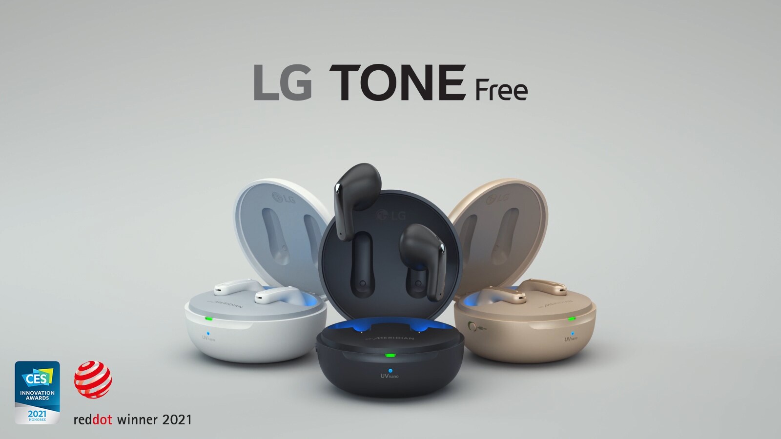 Video õhus hõljuvatest mustadest, kuldsetest ja valgetest nööpkõrvaklappidest LG TONE Free. Karp avaneb ning kuvatakse kiri „LG TONE Free FP Series“.