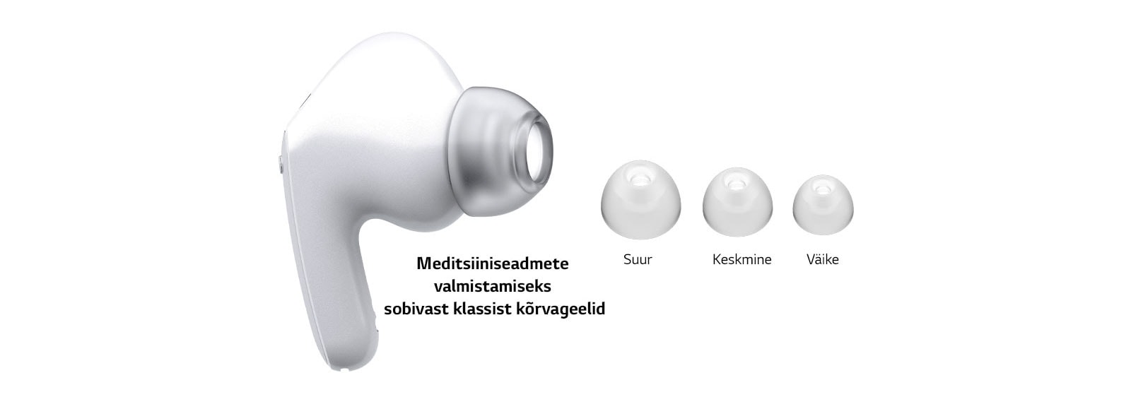Pilt valgetest kõrvaklappidest ja kolmes erinevas suuruses geelist otsakutest: suured, keskmised ja väikesed otsakud.