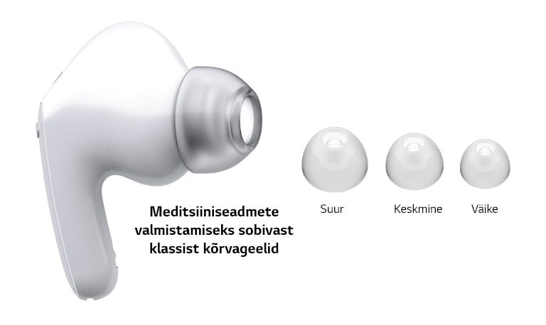 Pilt valgetest kõrvaklappidest ja kolmes erinevas suuruses geelist otsakutest: suured, keskmised ja väikesed otsakud.