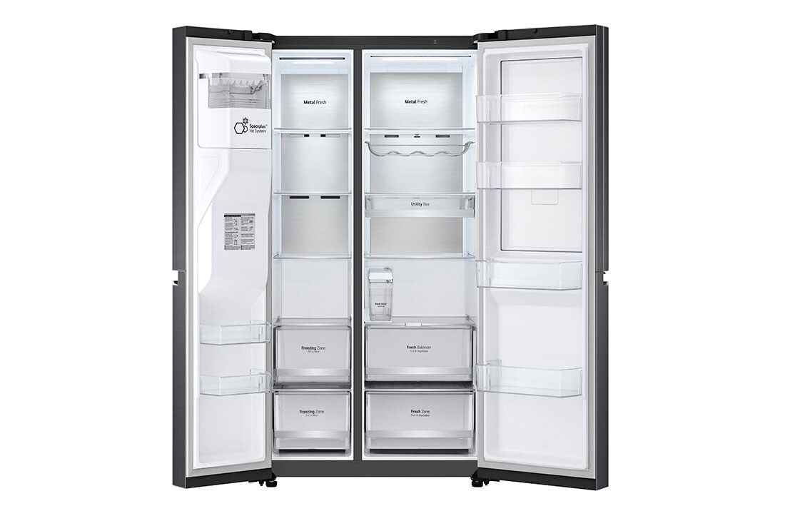 LG side by side külmik | 635L | kõrgus 1.79m | Laius 91.3cm | Must | E energiaklass | WiFi | DoorCooling | Total No Frost | GSJV91MCAE, eest paremalt avatud, vaade toidule, GSJV91MCAE, thumbnail 10