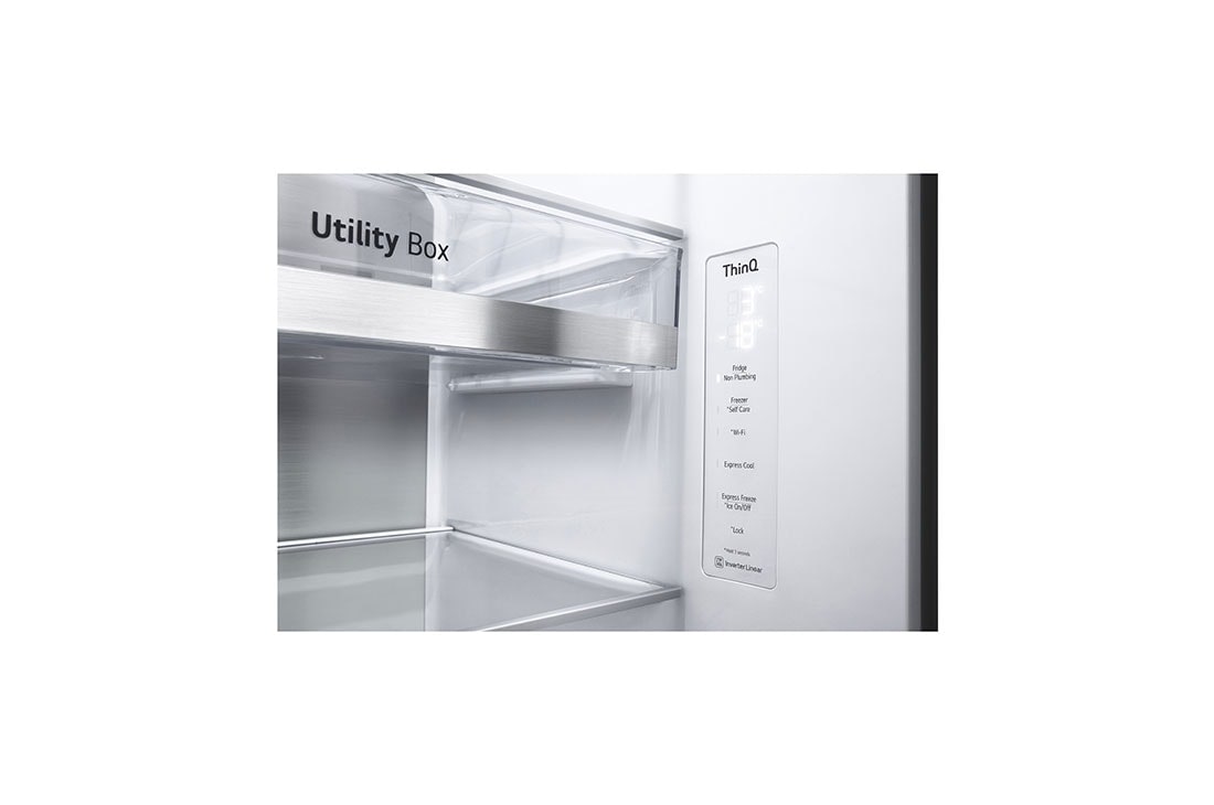 LG side by side külmik | 635L | kõrgus 1.79m | Laius 91.3cm | Must | E energiaklass | WiFi | DoorCooling | Total No Frost | GSJV91MCAE, avatud eesuksega vaade, GSJV91MCAE, thumbnail 8