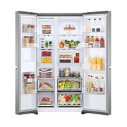 LG side by side külmik | 655L | kõrgus 1.79m | Laius 91.3cm | Hõbedane | E energiaklass | DoorCooling | Total No Frost | GSBV70PZTE, eesuks avatud, vaade toidule, GSBV70PZTE, thumbnail 2