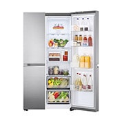 LG side by side külmik | 655L | kõrgus 1.79m | Laius 91.3cm | Hõbedane | E energiaklass | DoorCooling | Total No Frost | GSBV70PZTE, eest paremalt avatud, vaade toidule, GSBV70PZTE, thumbnail 7