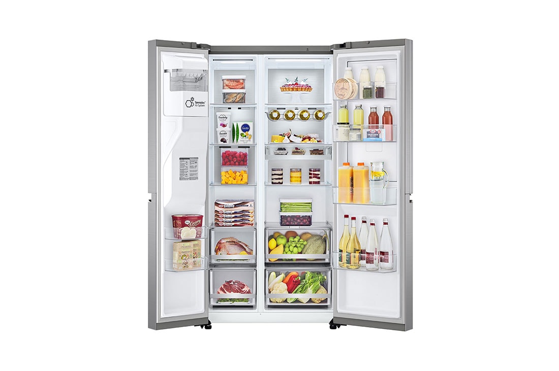 LG Side-by-Side külmik,635L, laius 91,3cm, kõrgus 179cm, Total No Frost, skats no priekšpuses atvērtā veidā uz pārtiku, GSJV90PZAE, thumbnail 2