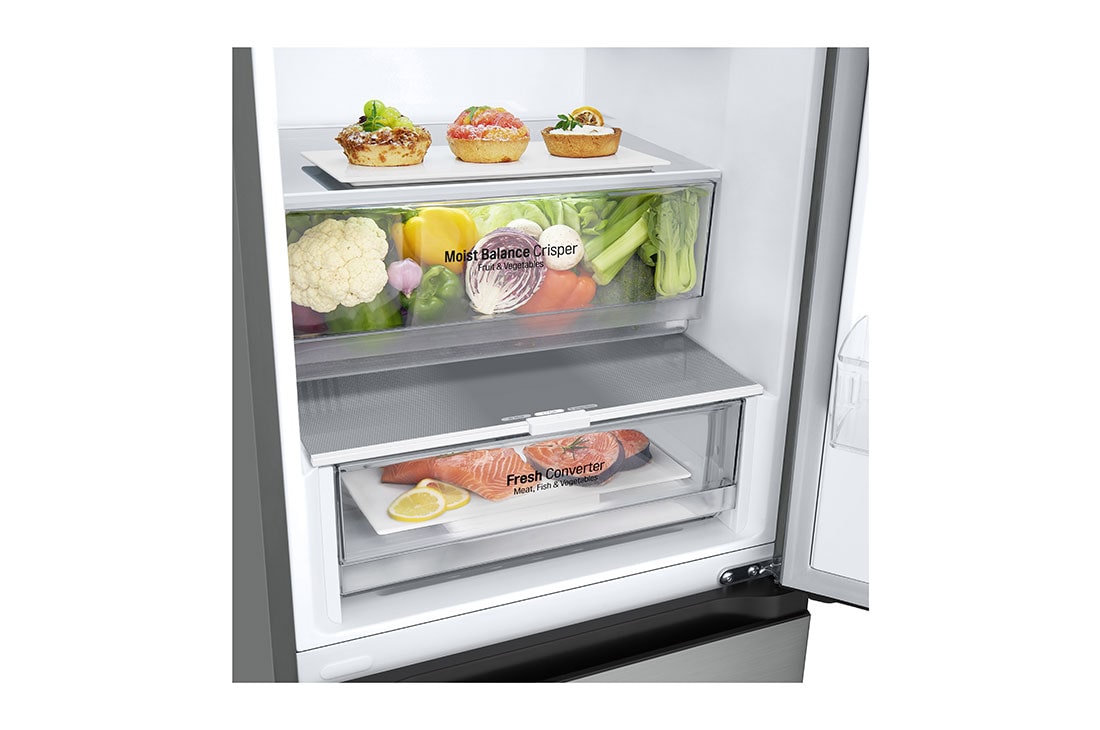 LG külmik sügavkülmikuga põhjas | 2.03m | 387L | Hõbedane | D klass | Fresh Converter™ | Veiniriiul, detail view with food , GBV3200DPY, thumbnail 7