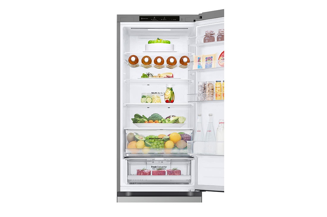 LG külmik sügavkülmikuga põhjas | 2.03m | 387L | Hõbedane | D klass | Fresh Converter™ | Veiniriiul, top cabin detail view with food, GBV3200DPY, thumbnail 9