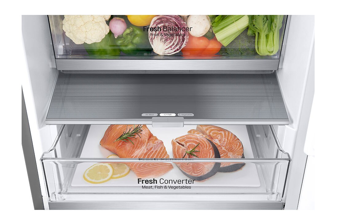 LG külmik sügavkülmikuga põhjas | 1.86m | 344L | Hõbedane | D klass | DoorCooling+™ | Fresh Converter™, Inside view with food view, GBV7180DPY, thumbnail 6