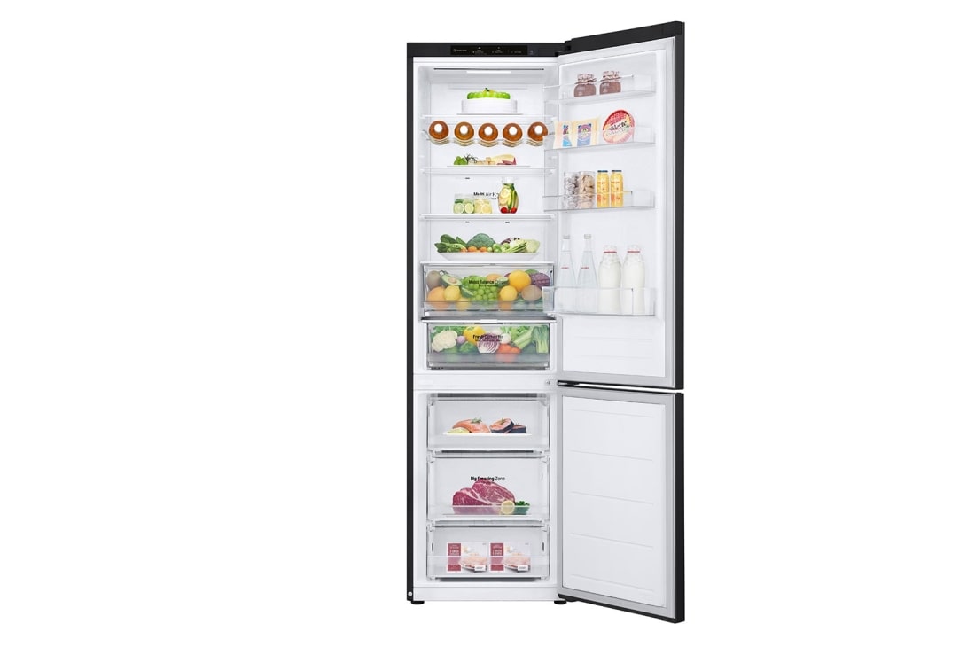 LG Külmik&nbsp; | 2.03m | 387L | Must | &nbsp;D&nbsp;klass | DoorCooling | Total No Frost | GBV3200DEP, front view with door open with food, GBV3200DEP, thumbnail 2