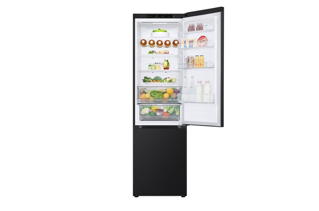 LG Külmik&nbsp; | 2.03m | 387L | Must | &nbsp;D&nbsp;klass | DoorCooling | Total No Frost | GBV3200DEP, front view with top door open with food, GBV3200DEP, thumbnail 4
