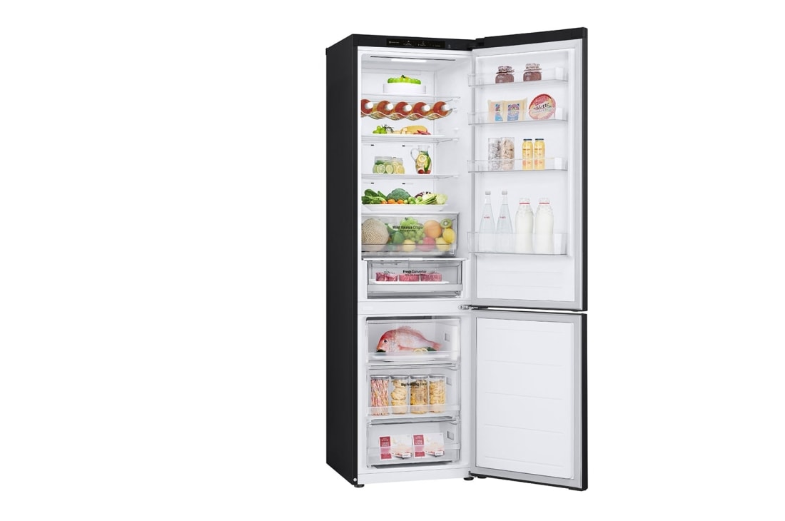 LG Külmik&nbsp; | 2.03m | 387L | Must | &nbsp;D&nbsp;klass | DoorCooling | Total No Frost | GBV3200DEP, right side view with door open with food, GBV3200DEP, thumbnail 11
