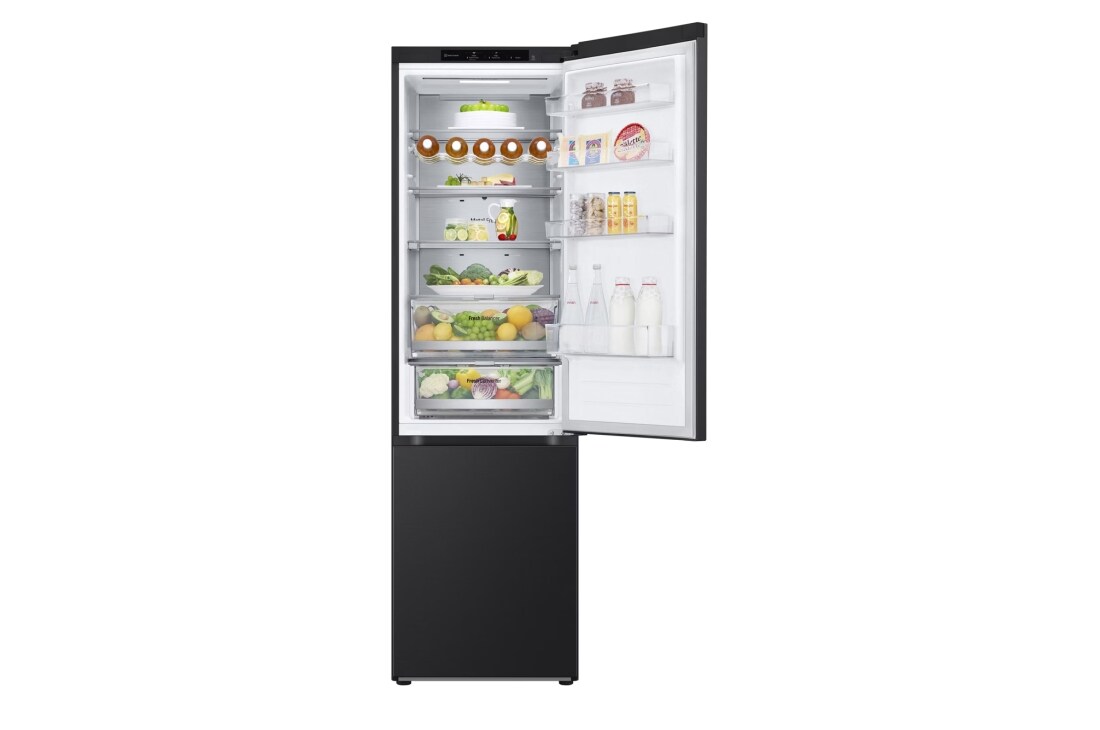 LG Külmik  | 2.03m | 387L | Must |  B klass | DoorCooling | Total No Frost | GBV7280BEV, front view with top door open with food, GBV7280BEV, thumbnail 4