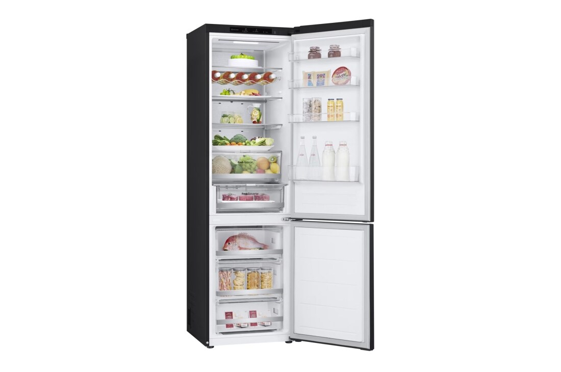 LG Külmik  | 2.03m | 387L | Must |  B klass | DoorCooling | Total No Frost | GBV7280BEV, right side view with door open with food, GBV7280BEV, thumbnail 11