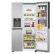 LG multi door külmik | InstaView Door-in-Door | 635L | kõrgus 1.79m | laius 91.3cm | Hõbedane | E energiaklass | WiFi | DoorCooling | Total No Frost | GSGV80PYLL, front right door open with food, GSGV80PYLL, thumbnail 12