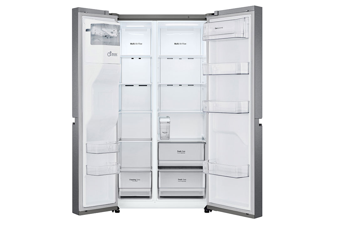 LG side by side külmik | 634L | kõrgus 1.79m | laius 91.3cm | Hõbedane | F energiaklass | WiFi | DoorCooling | Total No Frost | GSLV31MCXM, Front door open without food, GSLV31MCXM, thumbnail 3
