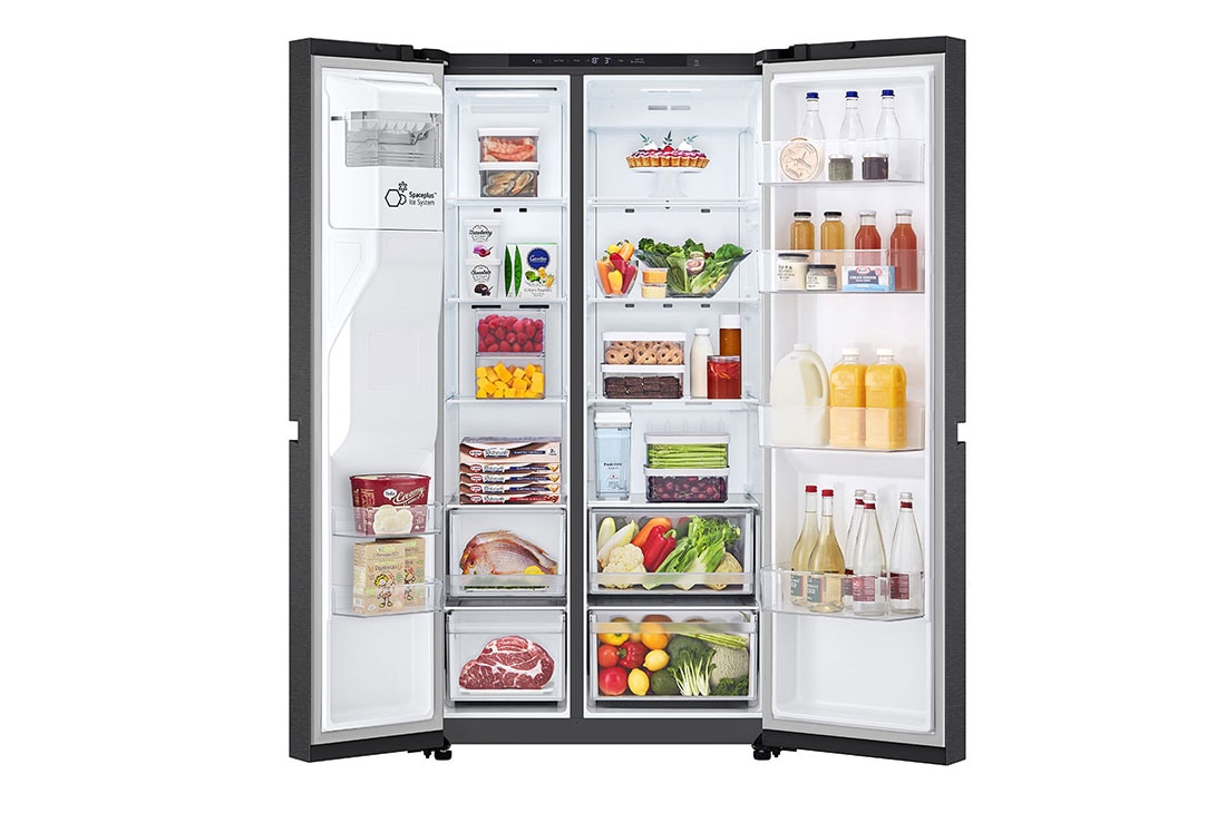LG Side-by-Side külmikud | kõrgus 1.79m | laius 91.4cm | 661L | Must | E klass | Express Cool | Ice & Water Dispenser , eesuks avatud, vaade toidule, GSLC41EPPE, thumbnail 2