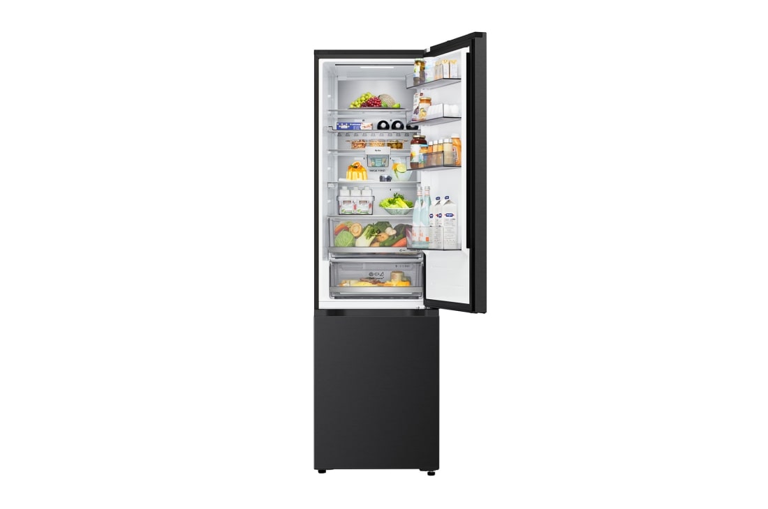 LG külmik sügavkülmikuga põhjas | 2.03m | 375L | Hõbedane | B klass | DoorCooling+™ | Fresh Converter+™, LG alumine sügavkülmaosa, mis on paigaldatud süvistatult kõrgesse sooja beeži tooni seina; valged nooled osutavad ülemisele küljele ja esipindadele, GBBS726BPY, thumbnail 5