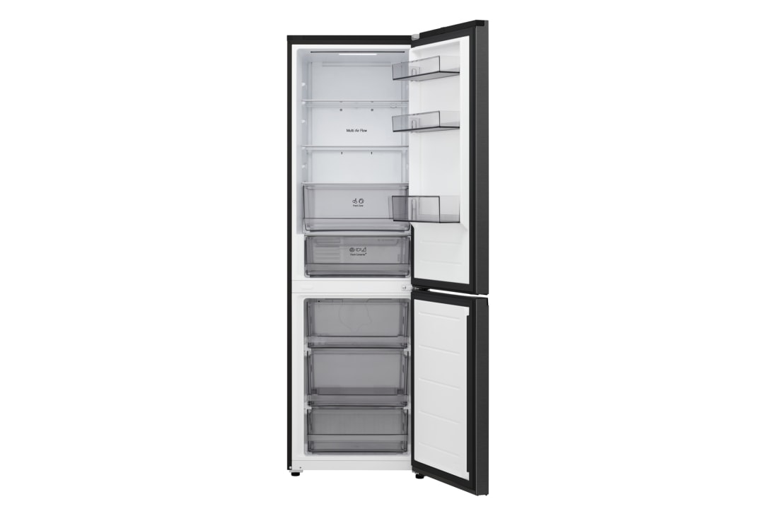 LG külmik sügavkülmikuga põhjas | 1.86m | 333L | Must | C klass | DoorCooling+™ | FRESHBalancer™, LG alumine sügavkülmaosa (GBBS726CMB) täielikult avatud uksega vaade, mis näitab külmiku ja sügavkülmiku sektsioone, GBBSJ1CCEP, thumbnail 2