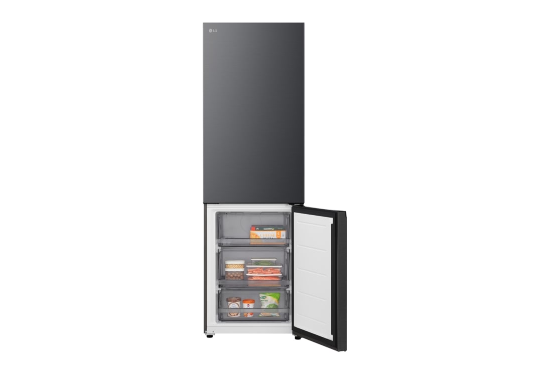LG külmik sügavkülmikuga põhjas | 1.86m | 333L | Must | C klass | DoorCooling+™ | FRESHBalancer™, LG külmik-sügavkülmiku (GBBS726CMB) lähivaade veiniriiulist, milles on neli pudelit ja makroonikarp; riiuli disain on toodud esile suurendatud ringikujulisel pildil, GBBSJ1CCEP, thumbnail 7