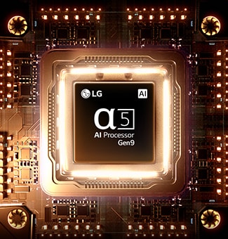 LG SMART TV AI LB70 FHD TV alpha 5 AI protsessor Gen9 hõõgub oranži trükkplaadi keskel, rõhutades AI-töötlust, mis tagab selgema pildikvaliteedi täiustatud teravuse ja sügavusega.