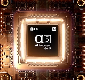 LG SMART TV AI LB70 FHD TV alpha 5 AI protsessor Gen9 hõõgub oranži trükkplaadi keskel, rõhutades AI-töötlust, mis tagab selgema pildikvaliteedi täiustatud teravuse ja sügavusega.