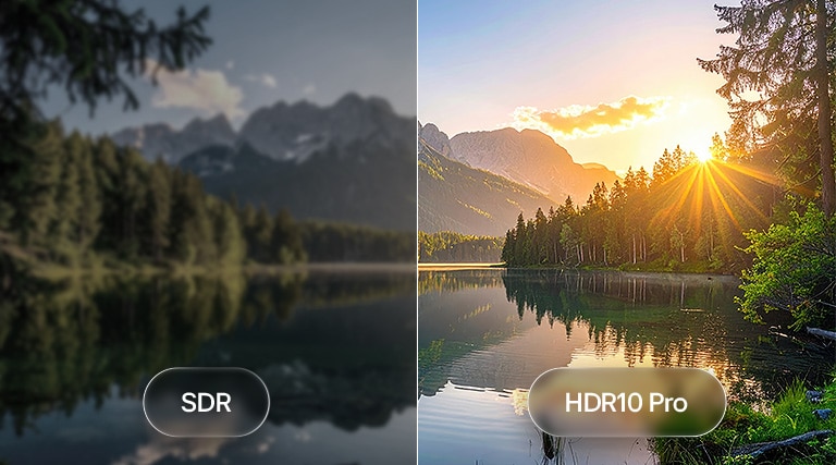 LG SMART TV AI LB70 FHD TV toob HDR10 Pro esile poolitatud järve-ja-mäestiku maastikupildiga, võrreldes SDR-i HDR10 Proga, et näidata heledamaid esiletõsteid, sügavamaid varje ja peenemat kontrastsust.