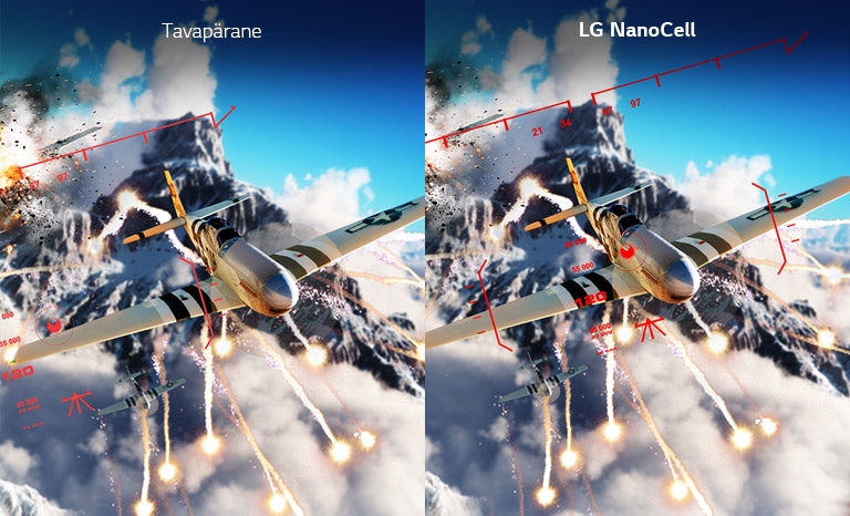 Stseen tulistamismängust, mille üks pool on näha sisendi normaalviivitusega tavateleris ja teine madala viivitusega LG NanoCell-teleris.