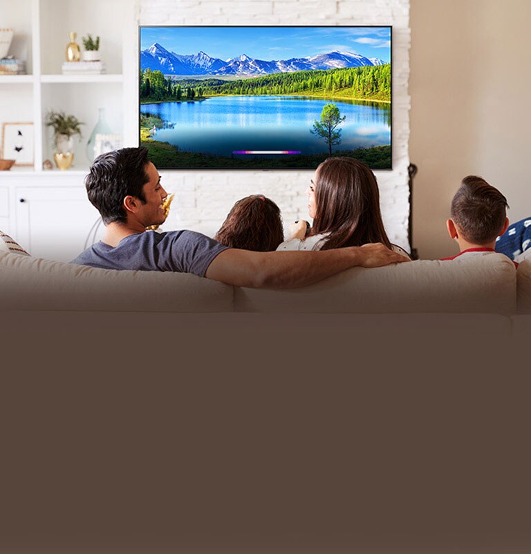 Heledas elutoas seinale kinnitatud telerist maastikupilti vaatav perekond