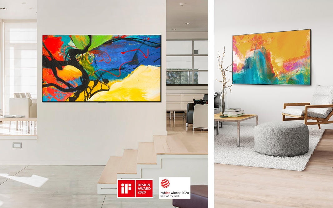 Pildid seinale paigaldatud Gallery Design-tüüpi teleritest, mis näitavad elutubades kunstiteoseid.