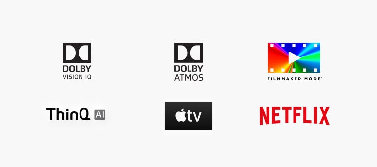 DOLBY VISION IQ märgis  DOLBY ATMOS-e märgis FILMITEGIJA REŽIIMI (FILMMAKER MODE) märgis Disney+ märgis Apple TV märgis NETFLIX-i märgis LG ThinQ märgis Google Assistanti märgis Sisseehitatud Alexa märgis