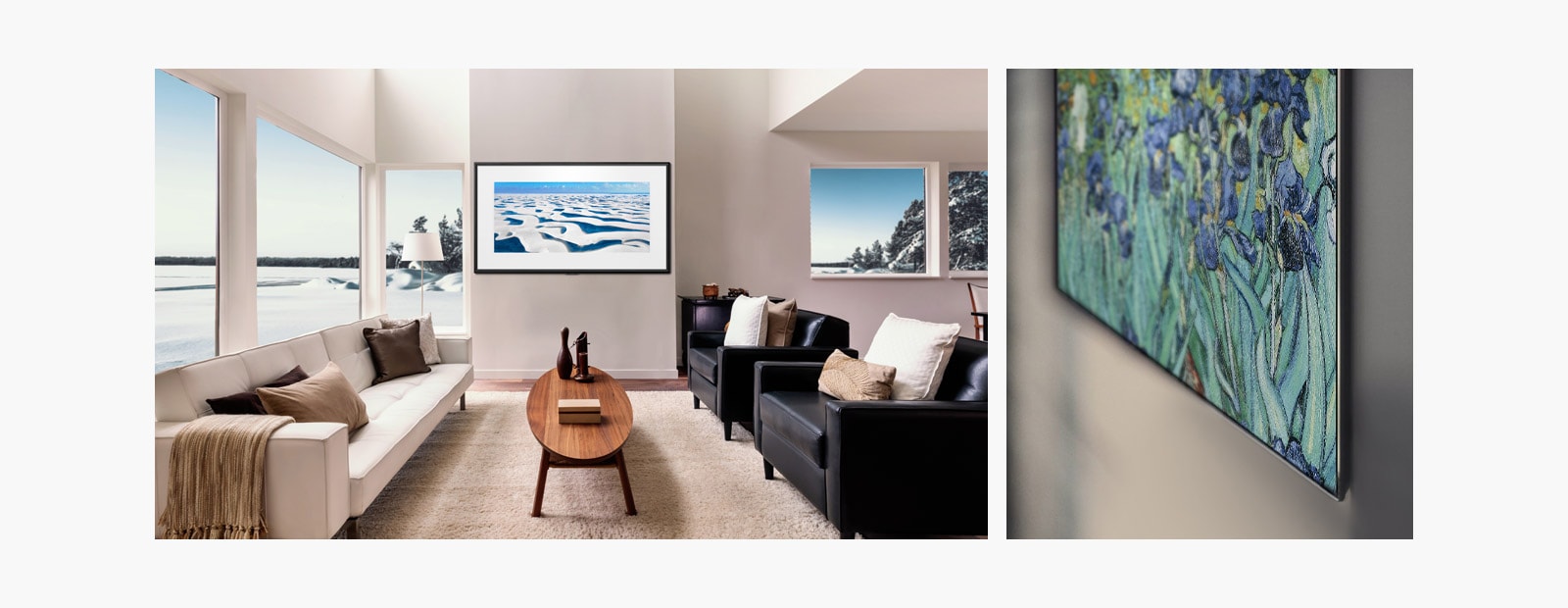 Pildid seinale paigaldatud Gallery Design-tüüpi teleritest, mis näitavad elutubades kunstiteoseid.