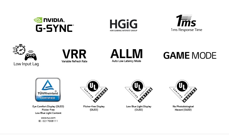 The mark of NVIDIA G-SYNC, The mark of HGiG, The mark of 1ms Response Time, The mark of Low Input lag, The mark of Variable Refresh Rate, The mark of Auto Low Latency Mode, The mark of GAME MODE, The mark of TÜV Rheinland, The mark of UL Verification
