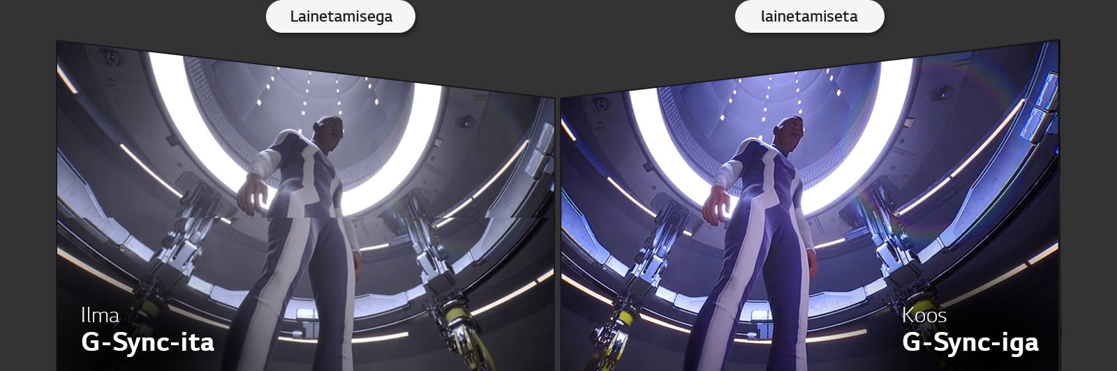 LCD/LEDi ja OLEDi külg külje kõrval võrdlus, millel nähtav pilt samast mängustseenist näitab erinevust pildi lainetamises