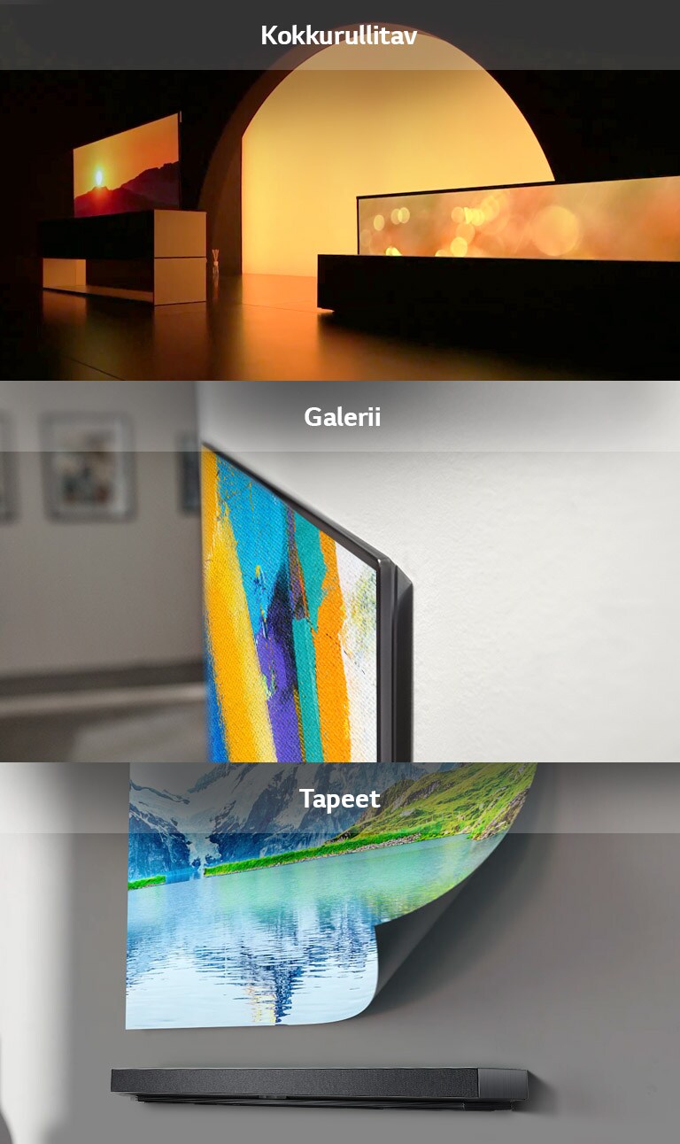 Kolm vertikaalset tiitelkaarti, millel on kujutatud kokkurullitavat, galerii- ja tapeedistiilis telerit, et tõsta esile ruumi sisekujundust